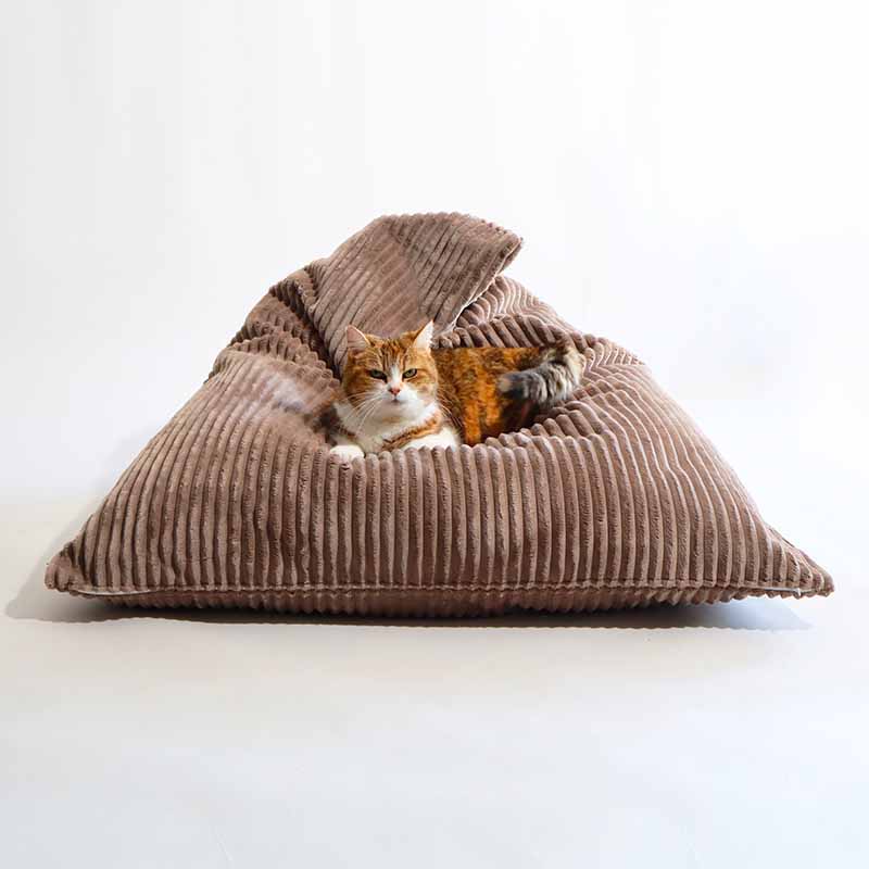 Berlingot Couchage Design Chat - Velours Côtelé Taupe et Ecru