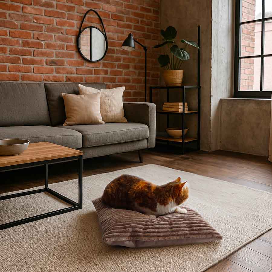 Coussins Design Chat - Velours Côtelé Taupe et Ecru