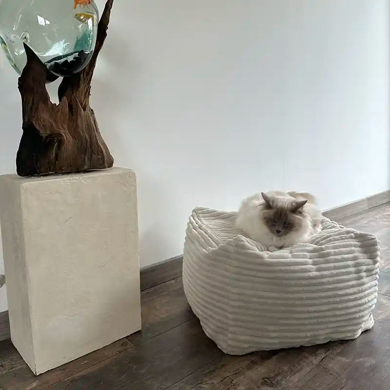 Pouf Cube Design Chat - Velours Côtelé Taupe et Ecru
