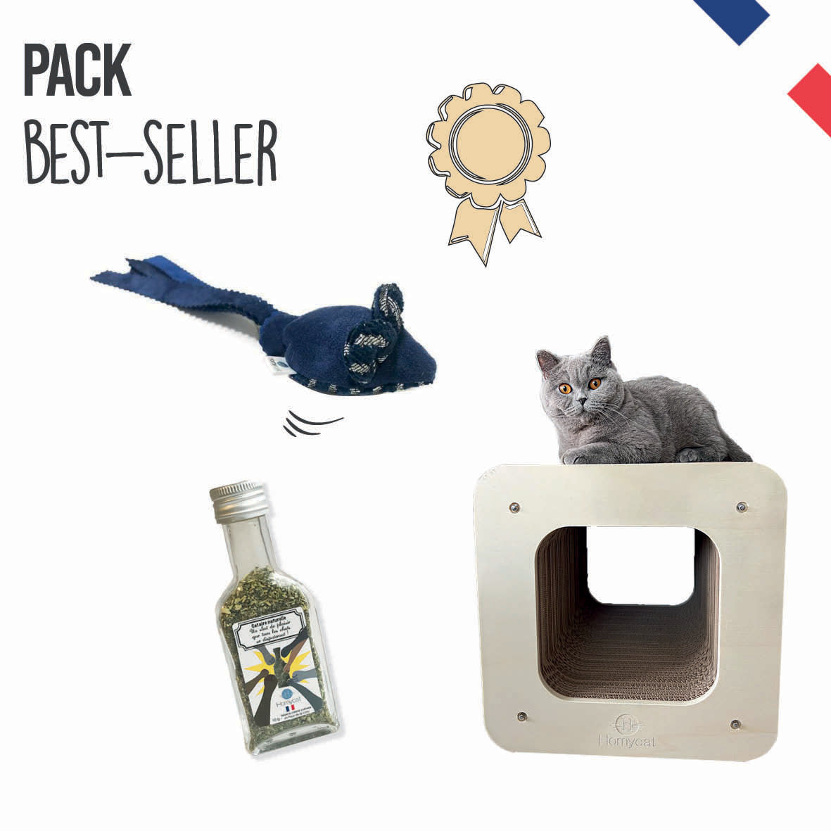 Pack Best Seller - 1 x Griffoir Cube XL + 1 jouet souris garni de cataire Bio + 1 fiole de cataire bio