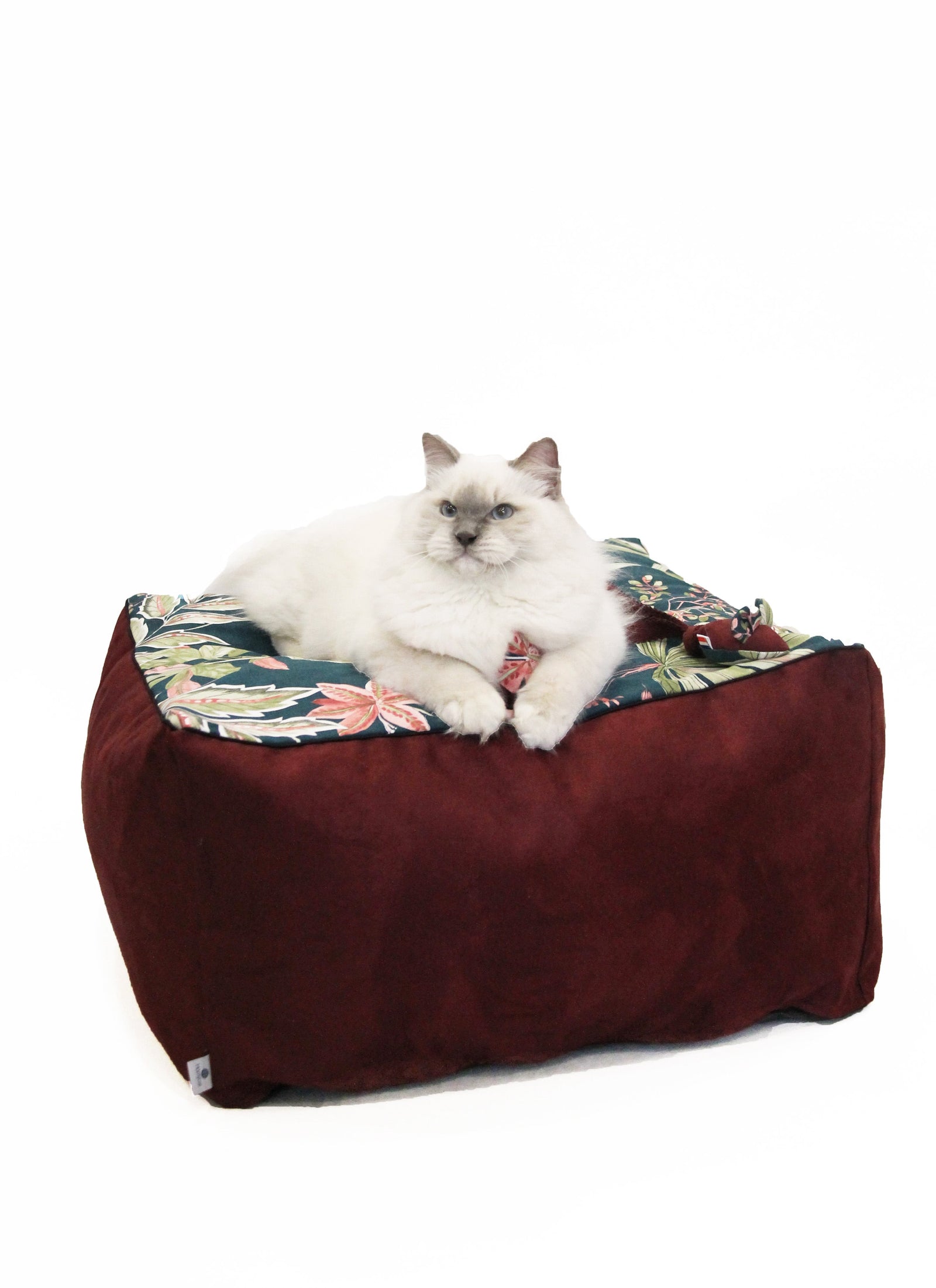 Cube Pouf Émeraude fleuri bordeaux - Couchage pouf chat design