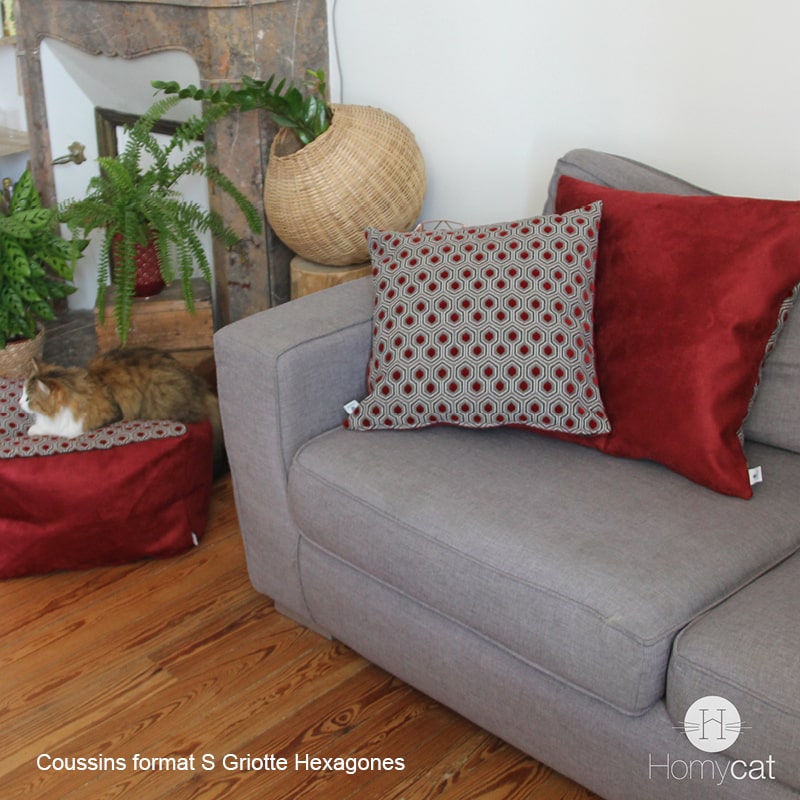 Coussin S 45x45 cm Griotte Hexagones pour Panier chat ou Déco