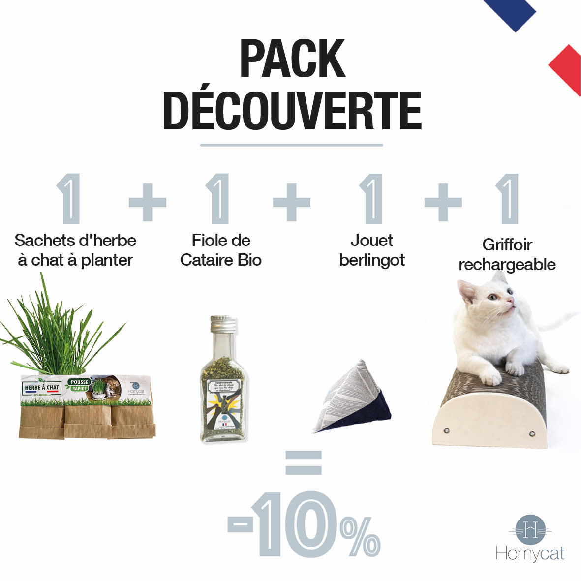 Pack découverte - 1 Griffoir + 1 fiole de cataire bio + 1 pack d'herbe à chat + 1 jouet berlingot