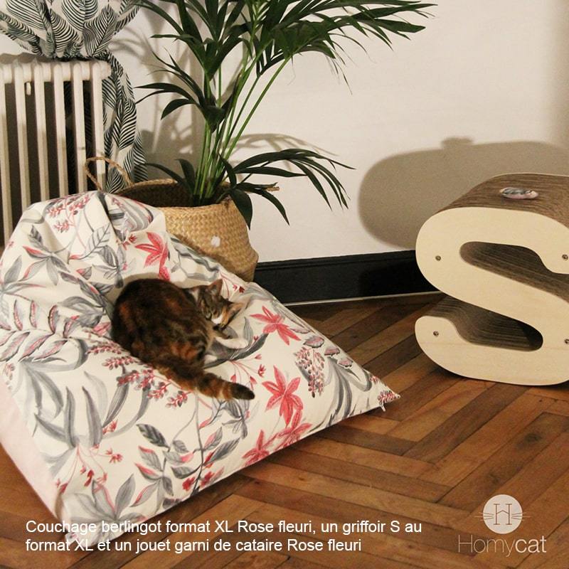Chat qui dors sur un berlingot fleuri rose de chez Homycat
